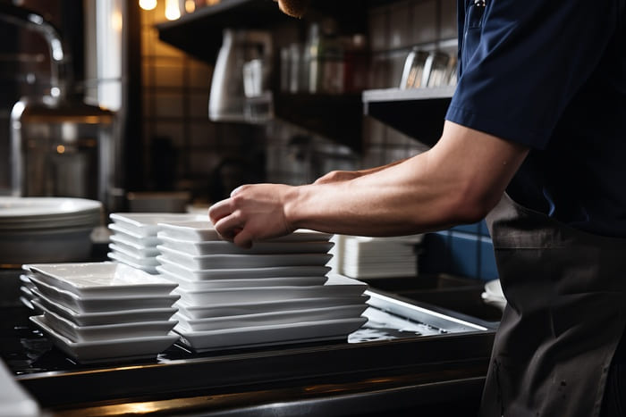 Fachgerechtes Handling von Geschirr in der Hotelküche – Glanz & Glorie Hotel Service sorgt für hygienische Abläufe im Stewarding
