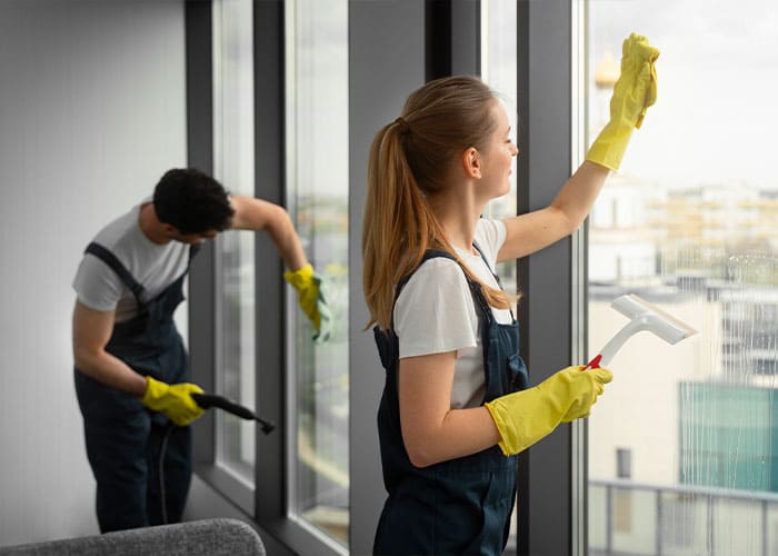 Professionelle Fensterreinigung im Hotel durch Glanz & Glorie Hotel Service – Glasreinigungsteam mit Abzieher und Dampfreiniger