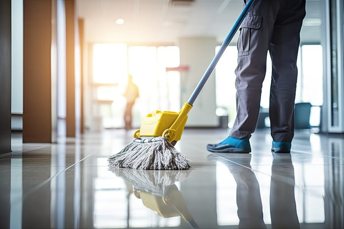 Professionelle Reinigungskraft beim Wischen eines glänzenden Hotelflurs – Housekeeping mit Qualität