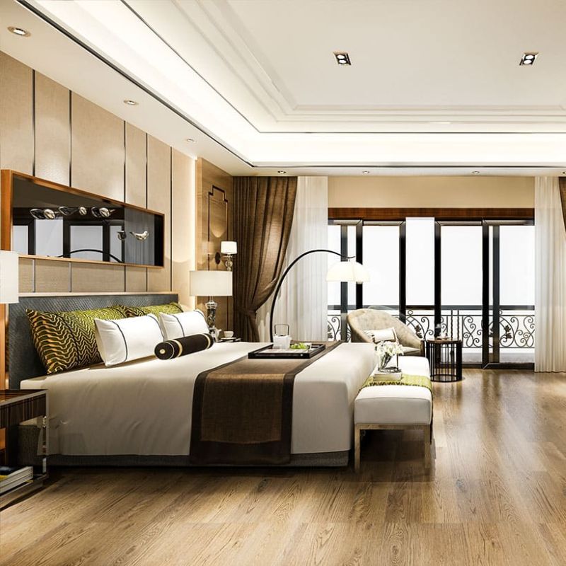 Luxuriöses, aufgeräumtes Hotelzimmer mit elegantem Design, Kingsize-Bett und hochwertiger Einrichtung – gepflegt durch professionelle Hotelreinigung